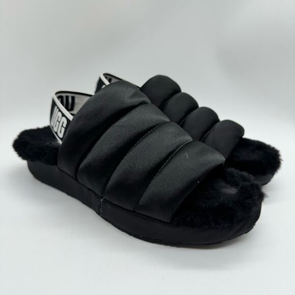UGG Puff Yeah Slingback Wedge Slide Sandal Lounge Slipper Fuzzy Satin Black Sz 7 - Picture 2 of 12